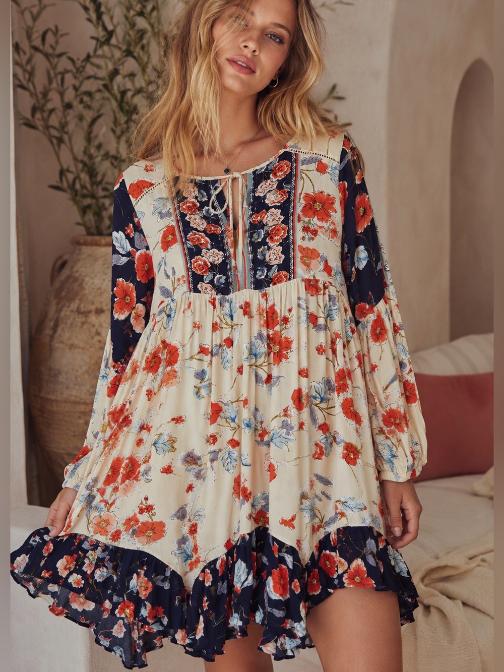 Patrons of Peace Floral Boho Mini Dress Small Rayon Peasant Ruffle Hem - Picture 1 of 9